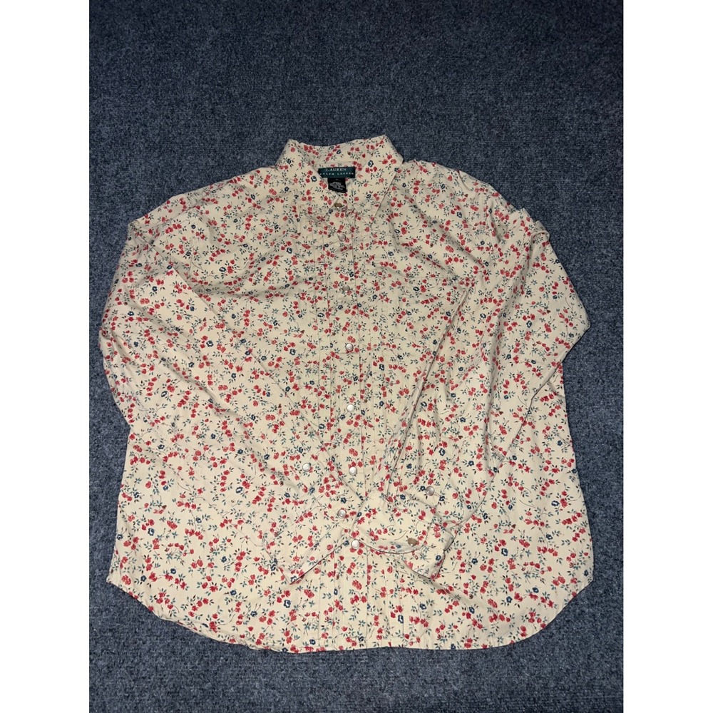 Lauren Ralph Lauren Floral Cotton Button Down Shirt Cream Red Blue Large